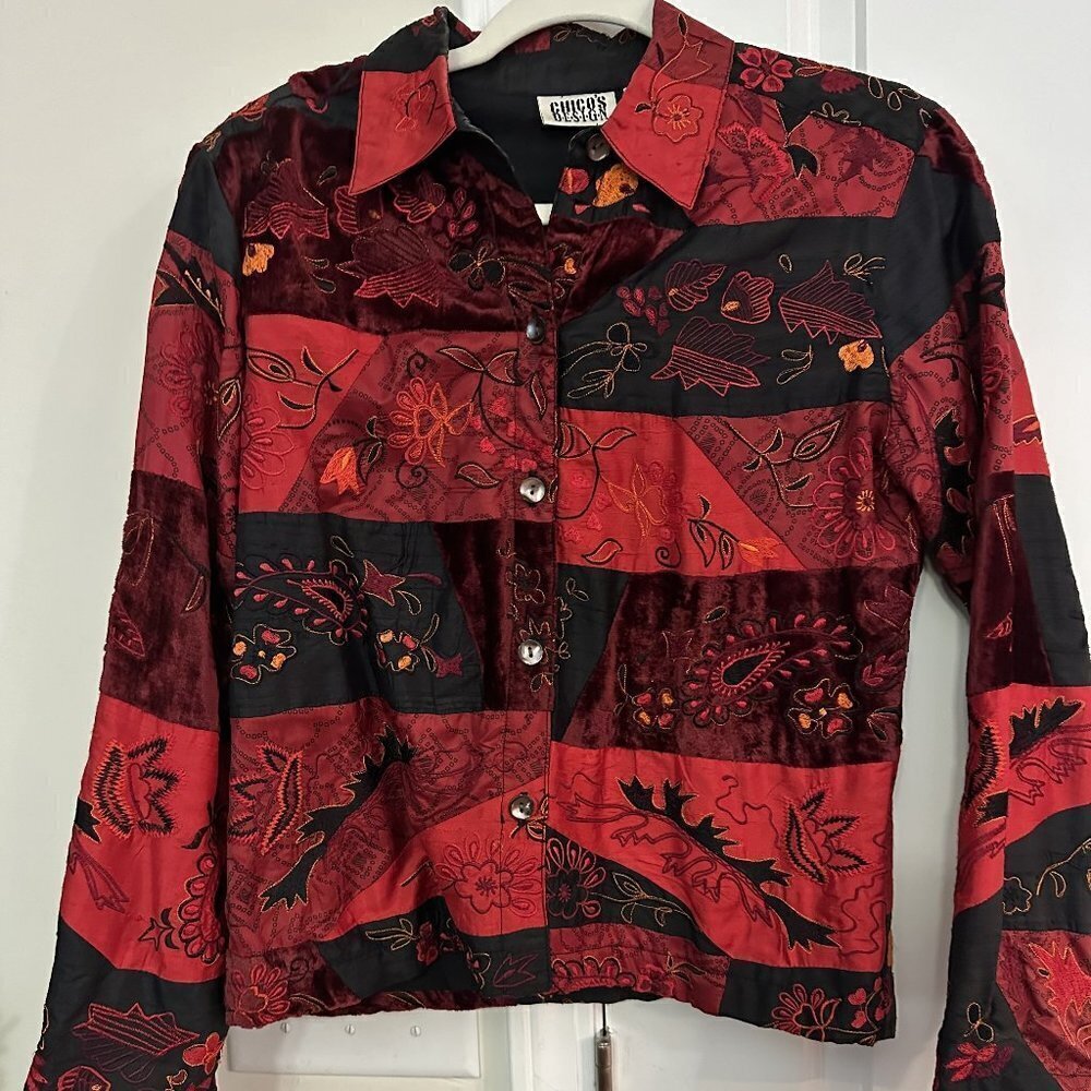 Chico's Red Silk Embroidered Long Sleeve Jacket Size 0